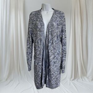 89th and Madison Cardigan Sweater Long Open Front Blue White Fringe‎ Details